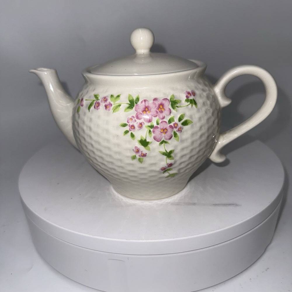 Vintage Teleflora Ceramic Teapot with Lid Floral Basketweave 1985
